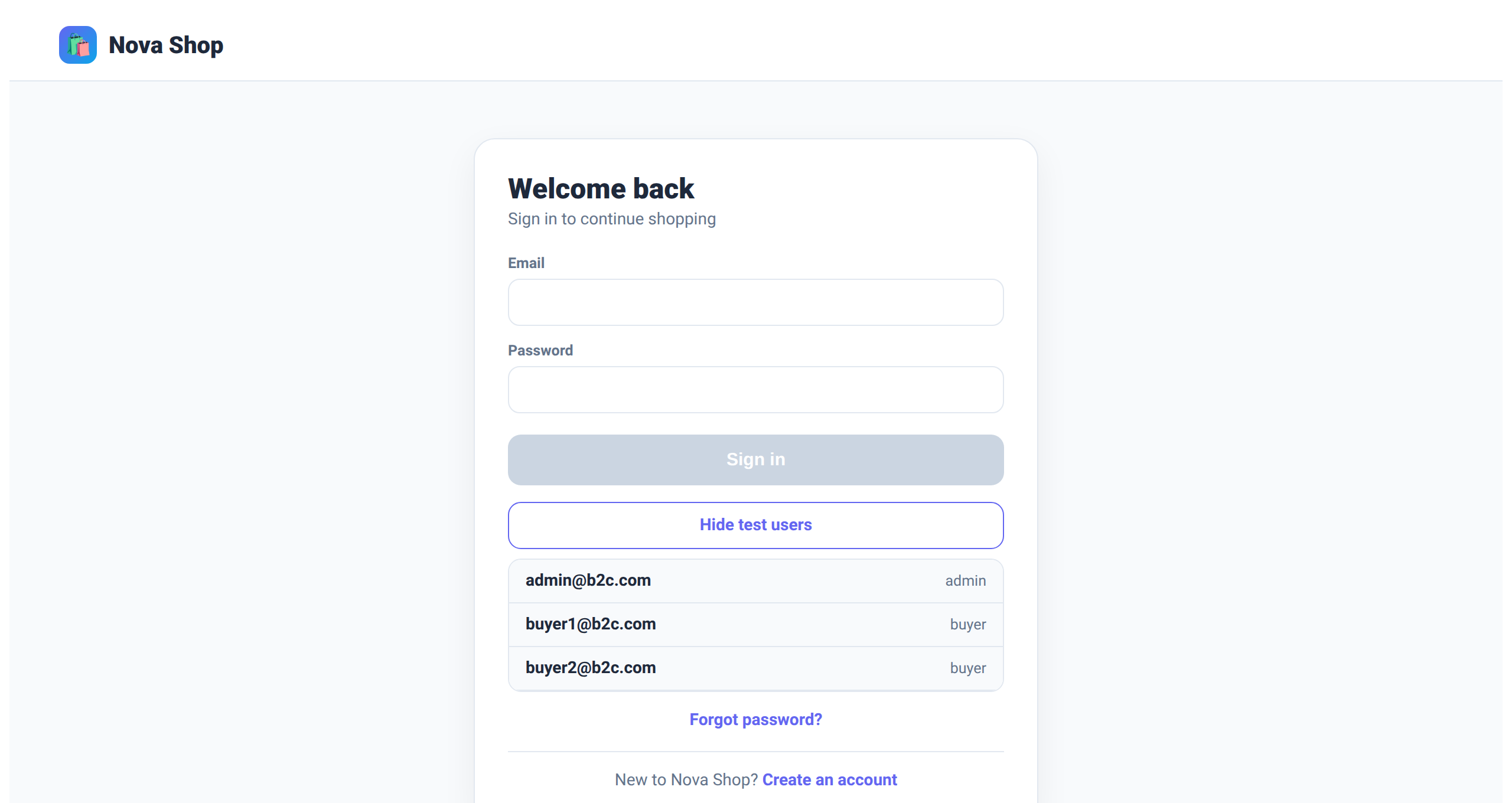 B2C login with the fill-test-user picker